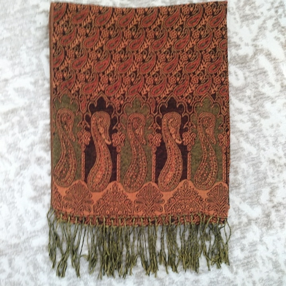 Zu's Paisley Fringed Wolle Silk Blend Scarf Wrap